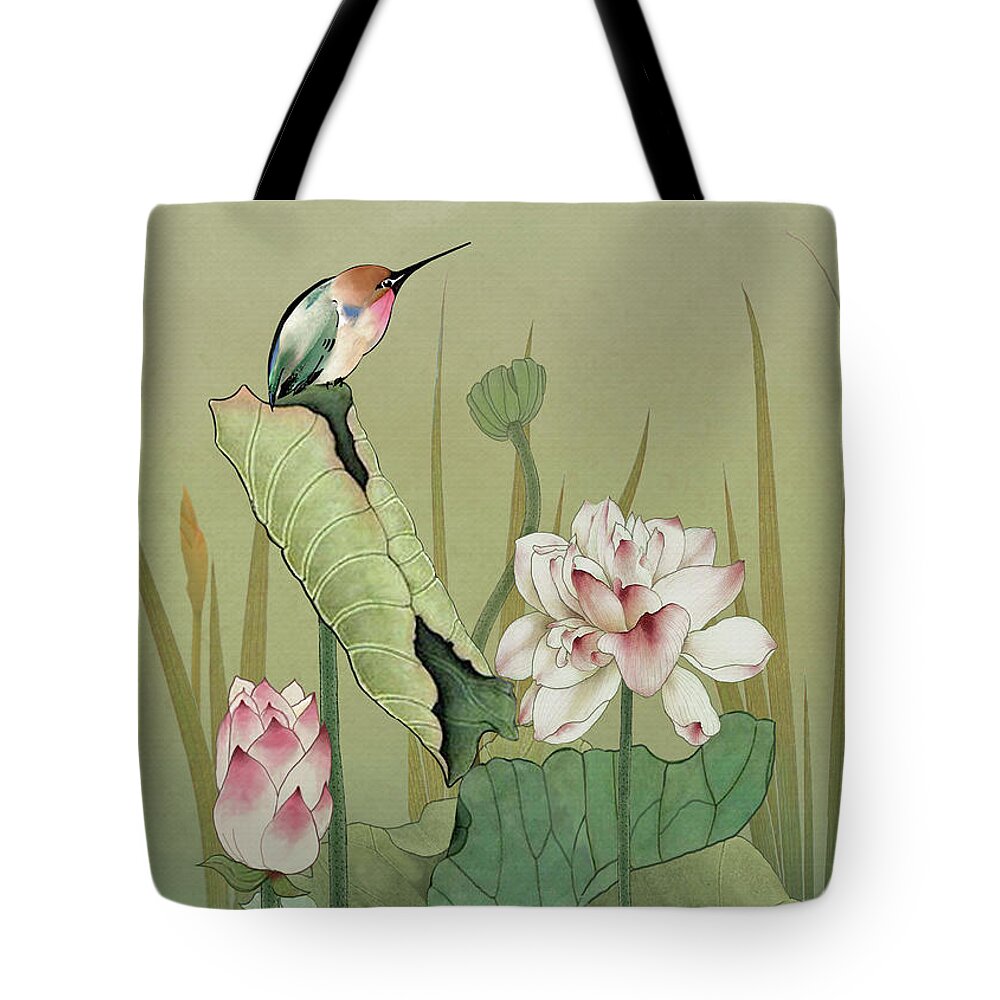 Flower Tote Bag featuring the digital art Lotus Flower and Hummingbird by M Spadecaller