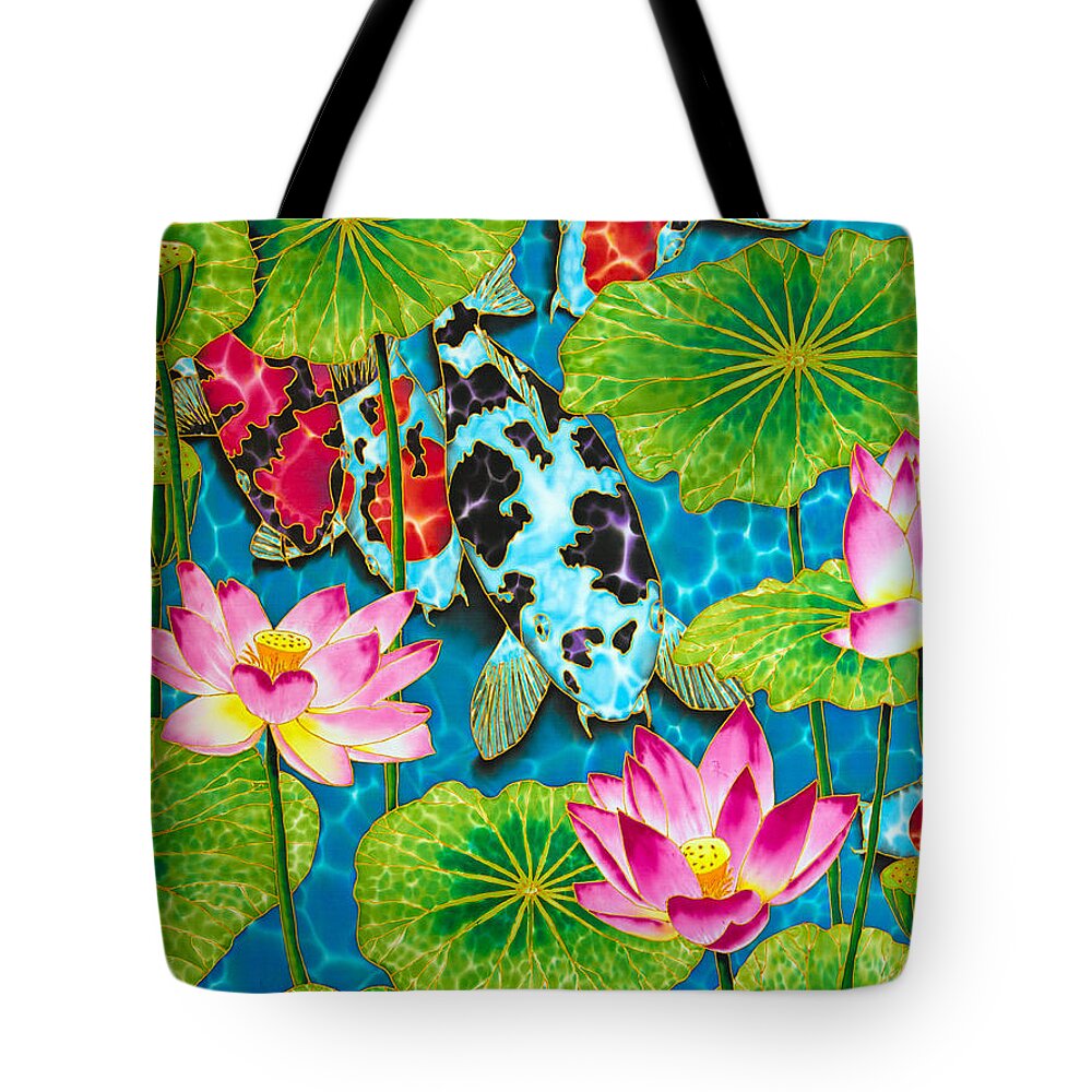 Lotus Pond Tote Bag featuring the painting Lotus Flower and Koi Fish by Daniel Jean-Baptiste