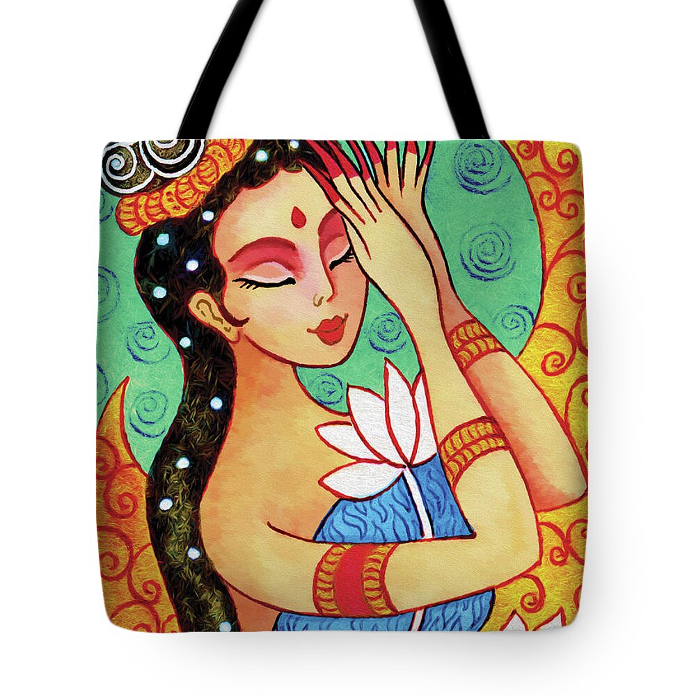 Indian Woman Tote Bag featuring the painting Lotus Meditation by Eva Campbell