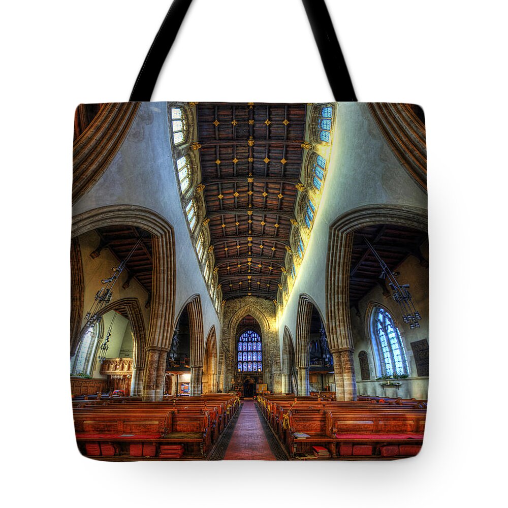 Yhun Suarez Tote Bag featuring the photograph Loughborough Church - Nave Vertorama by Yhun Suarez