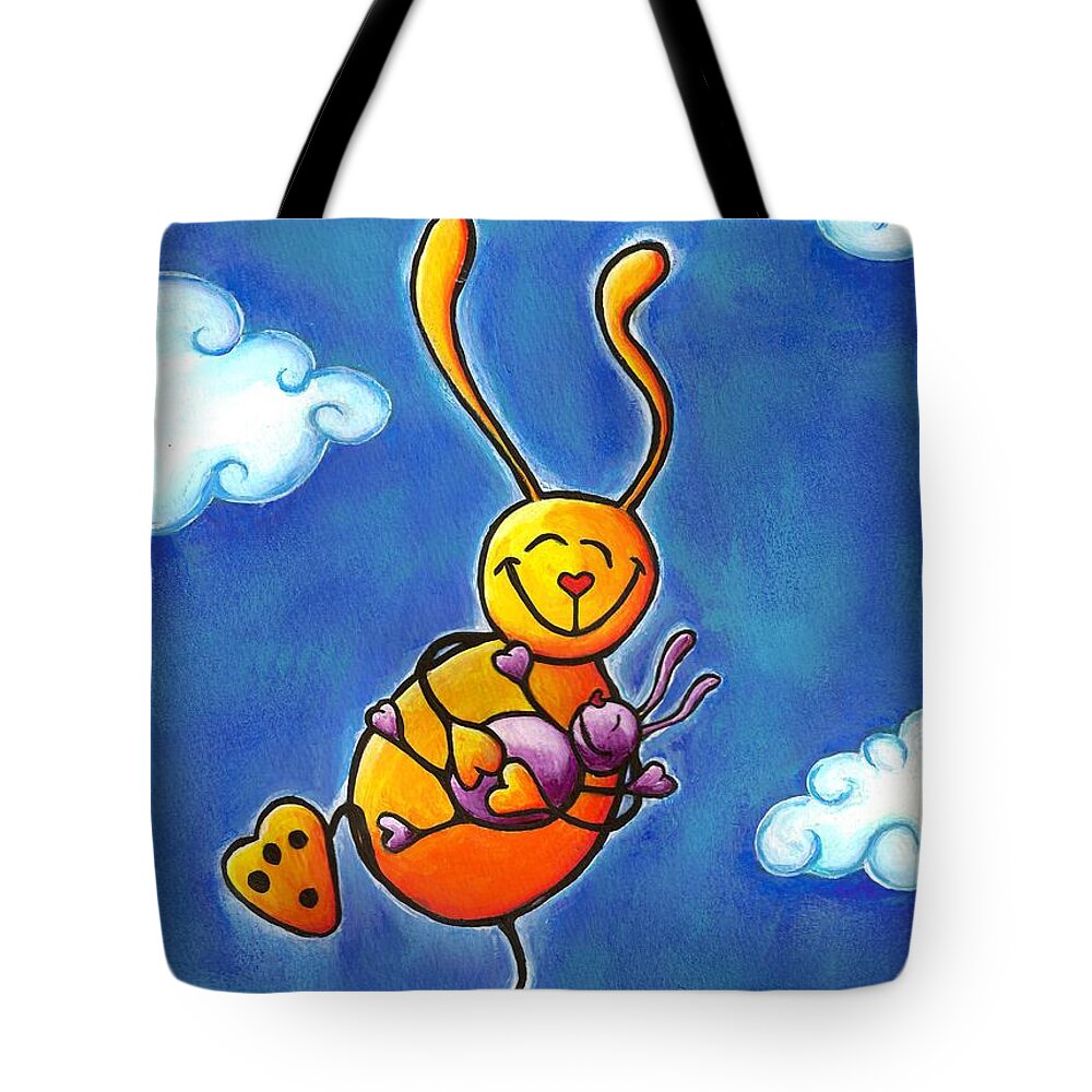 Bunny Tote Bag featuring the painting Love Bunnies High in Sky by Laura Ostrowski