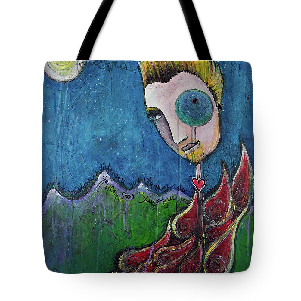 Birdman Tote Bag featuring the painting Love for Birdman by Laurie Maves ART