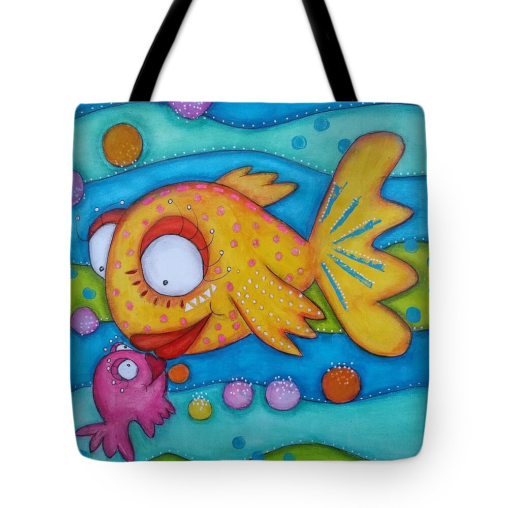 Fish Tote Bag featuring the mixed media Love is in the sea by Barbara Orenya
