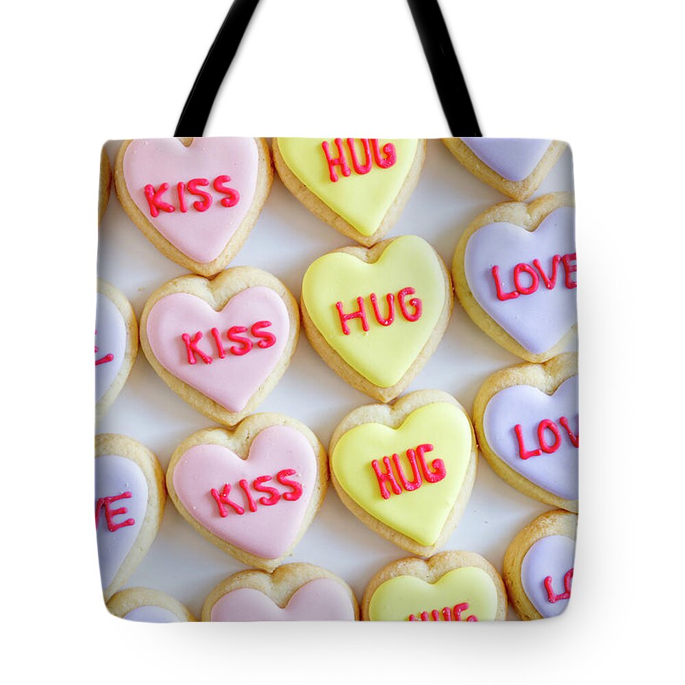 Valentines Day Tote Bag featuring the photograph Love Kiss Hug Heart Cookies by Teri Virbickis