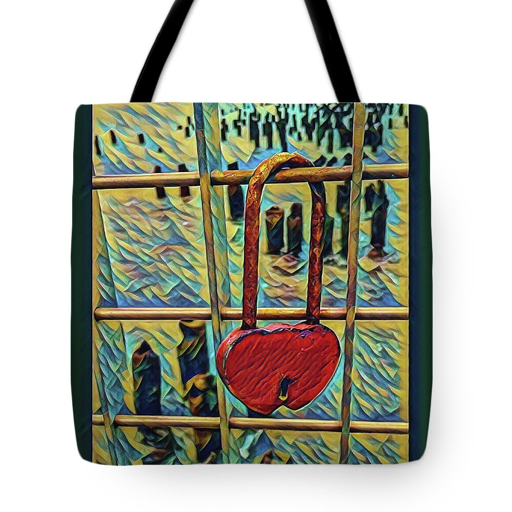 Lock Tote Bag featuring the mixed media Love locked on the Hudson by Bruce Carpenter