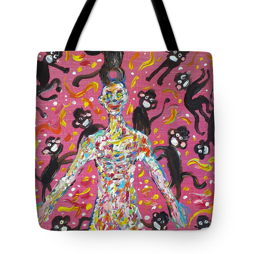 Monkey Tote Bag featuring the painting Loved By The Monkeys by Fabrizio Cassetta