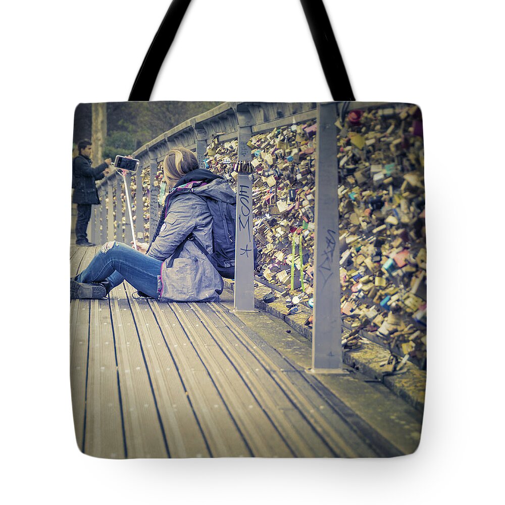 Joan Carroll Tote Bag featuring the photograph Lovelocks and a Selfie by Joan Carroll