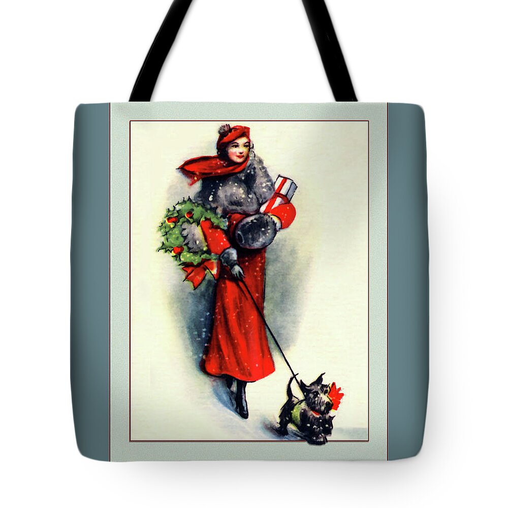 Deco Tote Bag featuring the digital art Lovely lady with Scottish Terrier by Denise Beverly