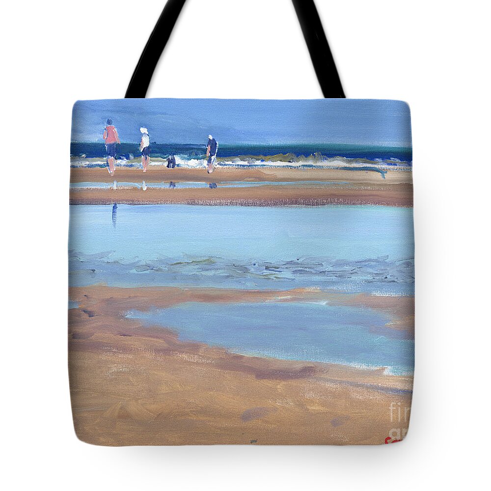 Low Tide Beach Walkers Tote Bag featuring the painting Low Tide Beach Walkers by Candace Lovely