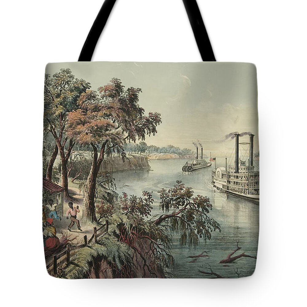 Riverboat Tote Bag featuring the painting Low Water in the Mississippi, 1868 by Currier and Ives