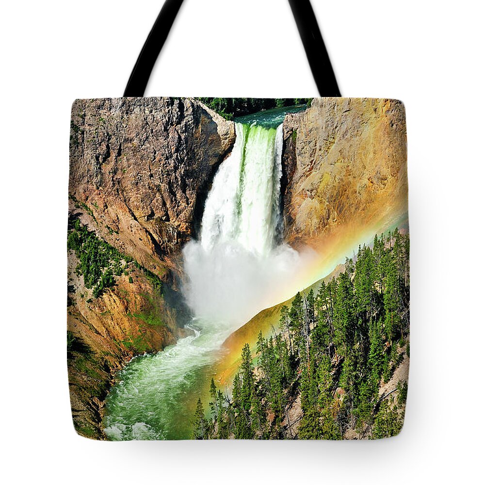 Yellowstone National Park Tote Bag featuring the photograph Lower Falls Rainbow by Greg Norrell