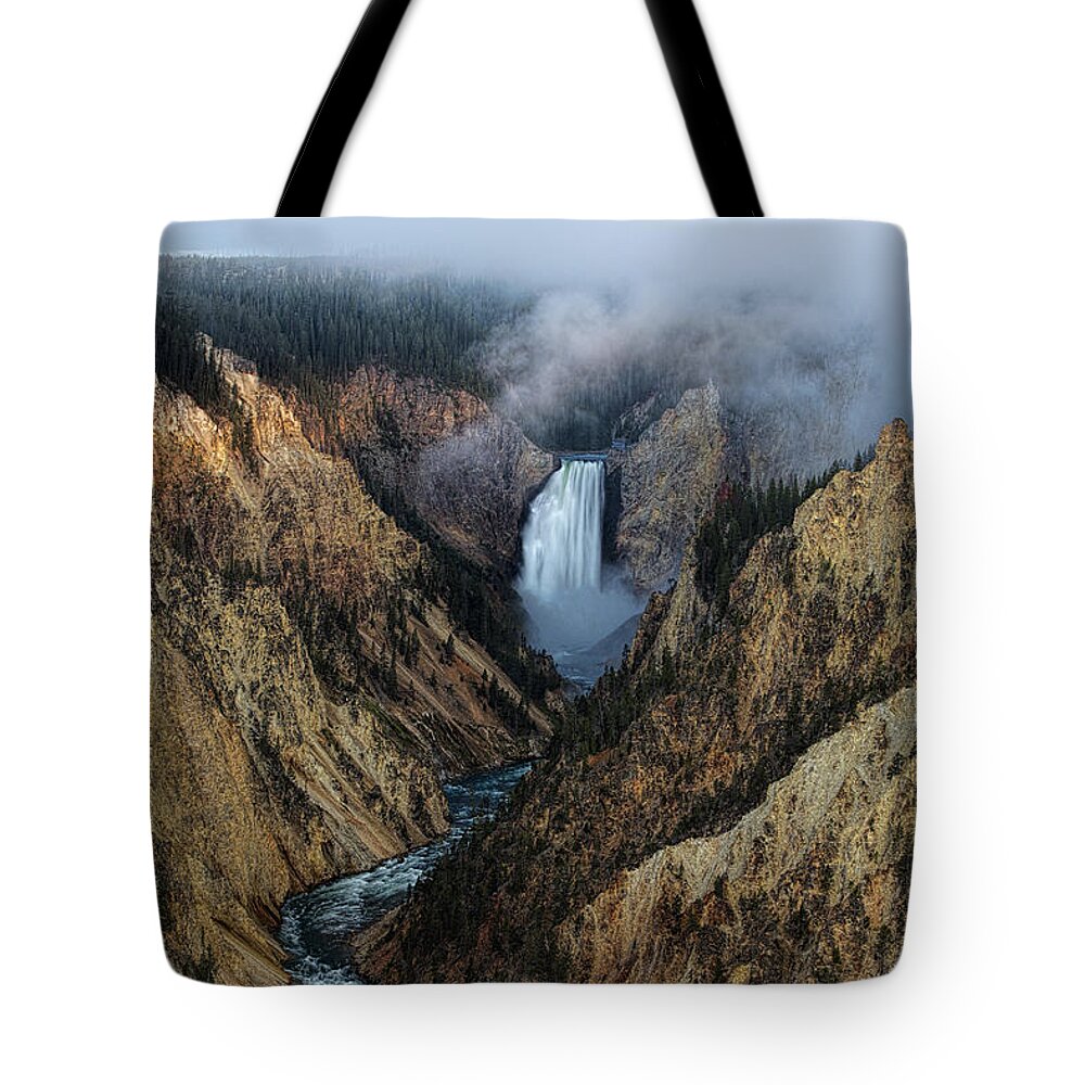 Lower Yellowstone Falls Tote Bag featuring the photograph Lower Yellowstone Falls Sunrise by Josh Bryant