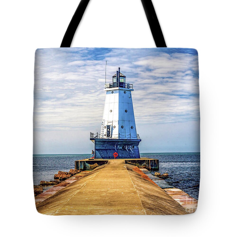 Great Lakes Tote Bag featuring the photograph Ludington Light on the North Pier by Nick Zelinsky Jr