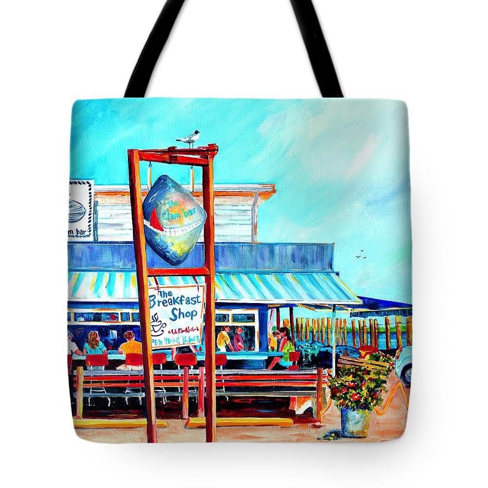 Clam Bar Tote Bag featuring the painting Lunch at the Clam Bar by Phyllis London