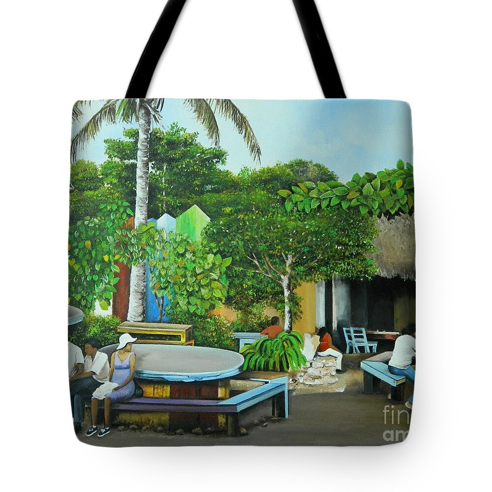 Tropical Art Tote Bag featuring the painting Having Lunch At The Tiki Bar by Kenneth Harris