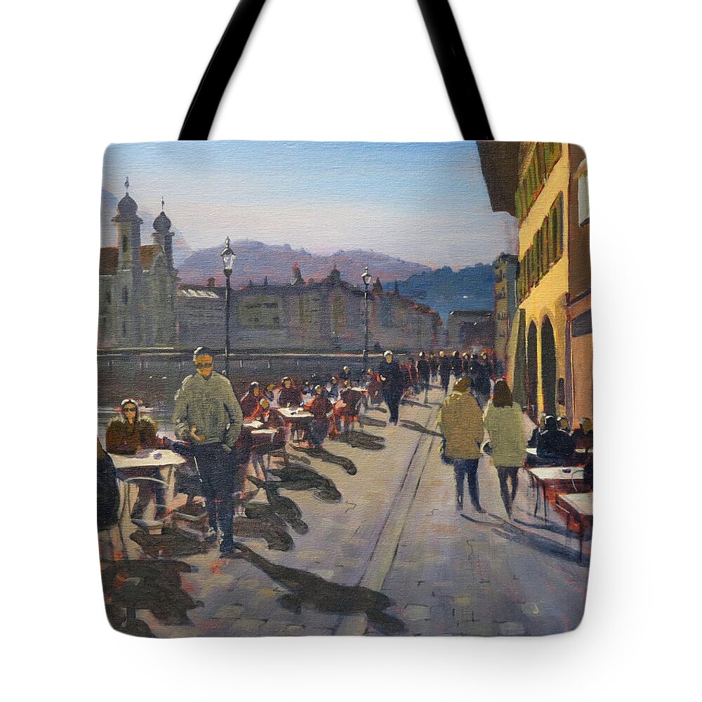 Switzerland Tote Bag featuring the painting Lunchtime in Luzern by David Gilmore