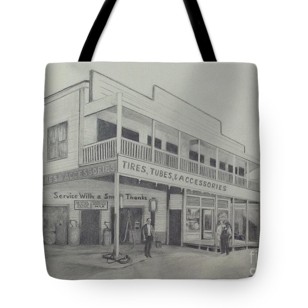 Parrish Tote Bag featuring the drawing Lundy's General Store by Mary Lynne Powers