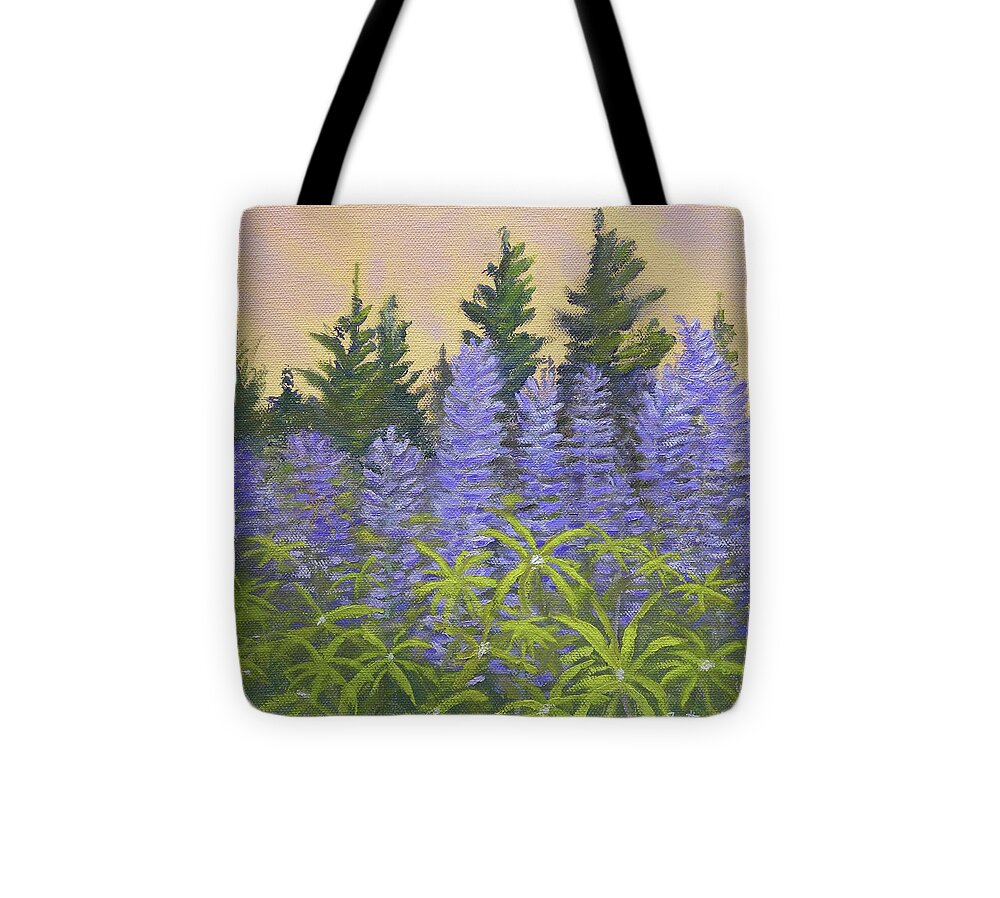 Landscape Flowers Sunrise Impressionism Tote Bag featuring the painting Lupine In The Morning by Scott W White