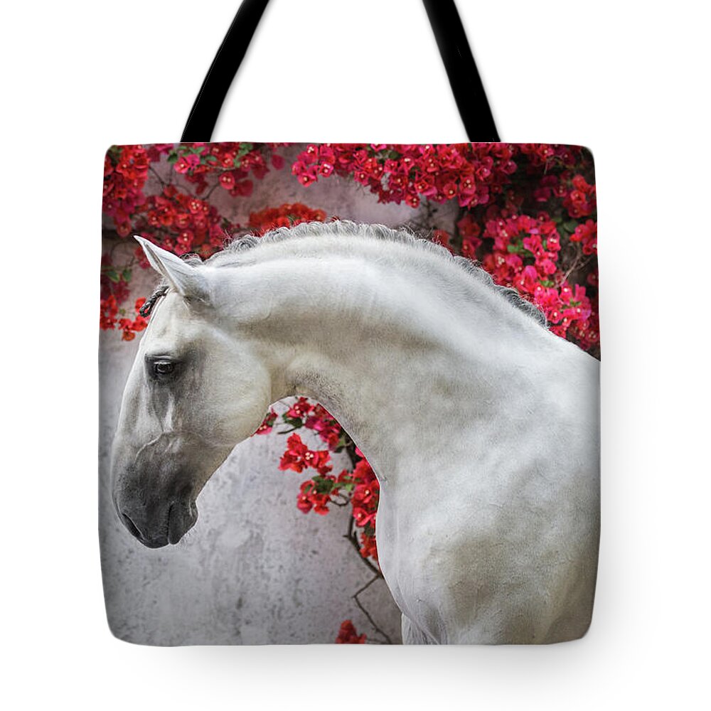 Russian Artists New Wave Tote Bag featuring the photograph Lusitano Portrait in Red Flowers by Ekaterina Druz
