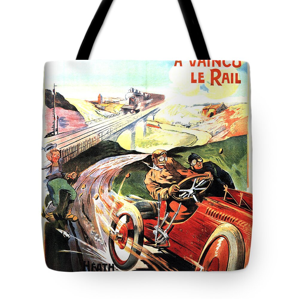 Vintage Tote Bag featuring the mixed media Lw Pneu Michelin A Vaincu Le Rail - Vintage Tyre Advertising Poster by Studio Grafiikka