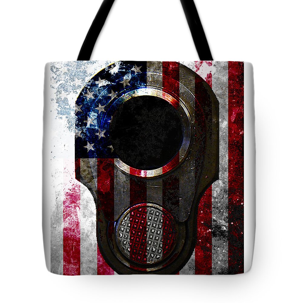 M1911 Tote Bag featuring the digital art M1911 Colt 45 Muzzle and American Flag on Distressed Metal Sheet by M L C