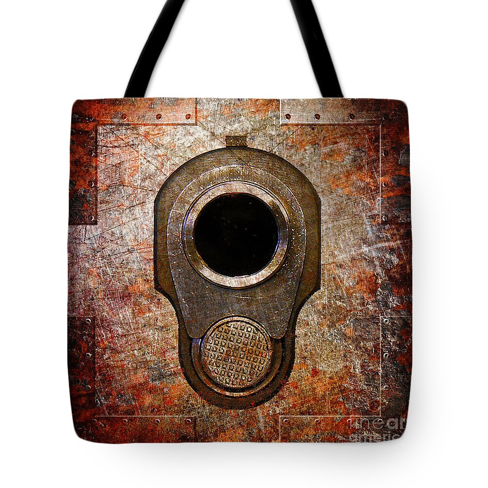 Colt Tote Bag featuring the digital art M1911 Muzzle on Rusted Riveted Metal by Fred Ber