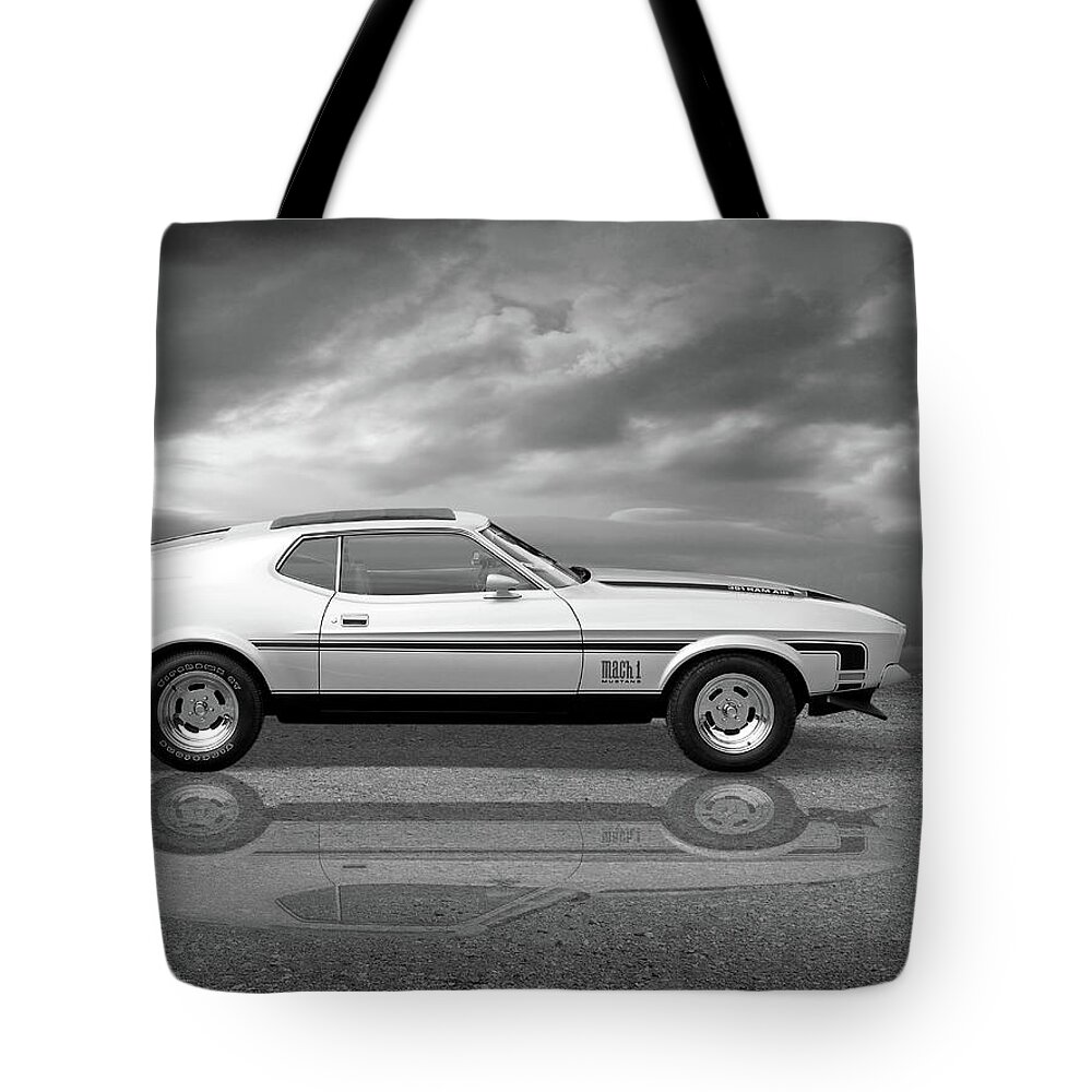 Ford Mustang Tote Bag featuring the photograph Mach 1 Mustang Reflections in Black and White by Gill Billington
