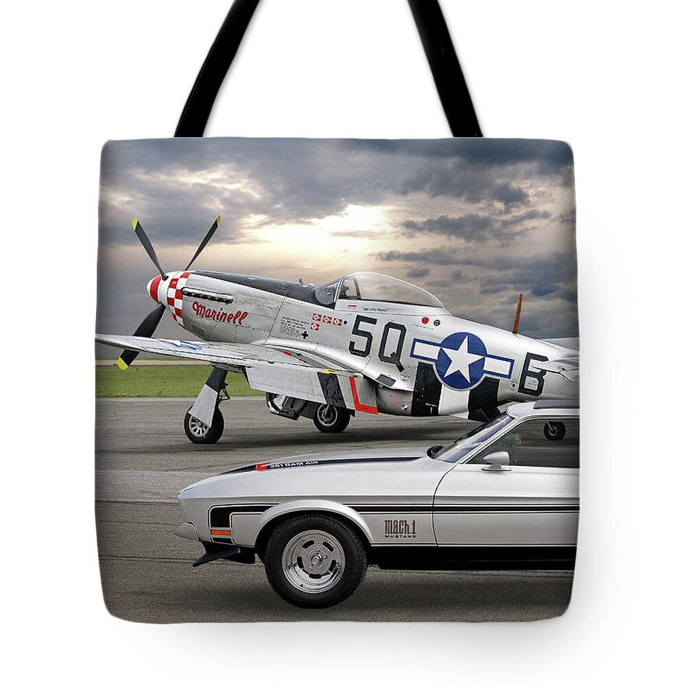 Ford Mustang Tote Bag featuring the photograph Mach 1 Mustang with p51 by Gill Billington