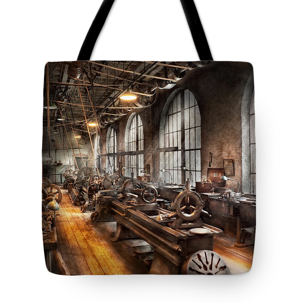 Hdr Tote Bag featuring the photograph Machinist - A room full of Lathes by Mike Savad