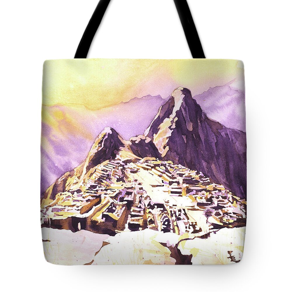 Sacred Valley Tote Bag featuring the painting Machu Picchu Dawn by Ryan Fox