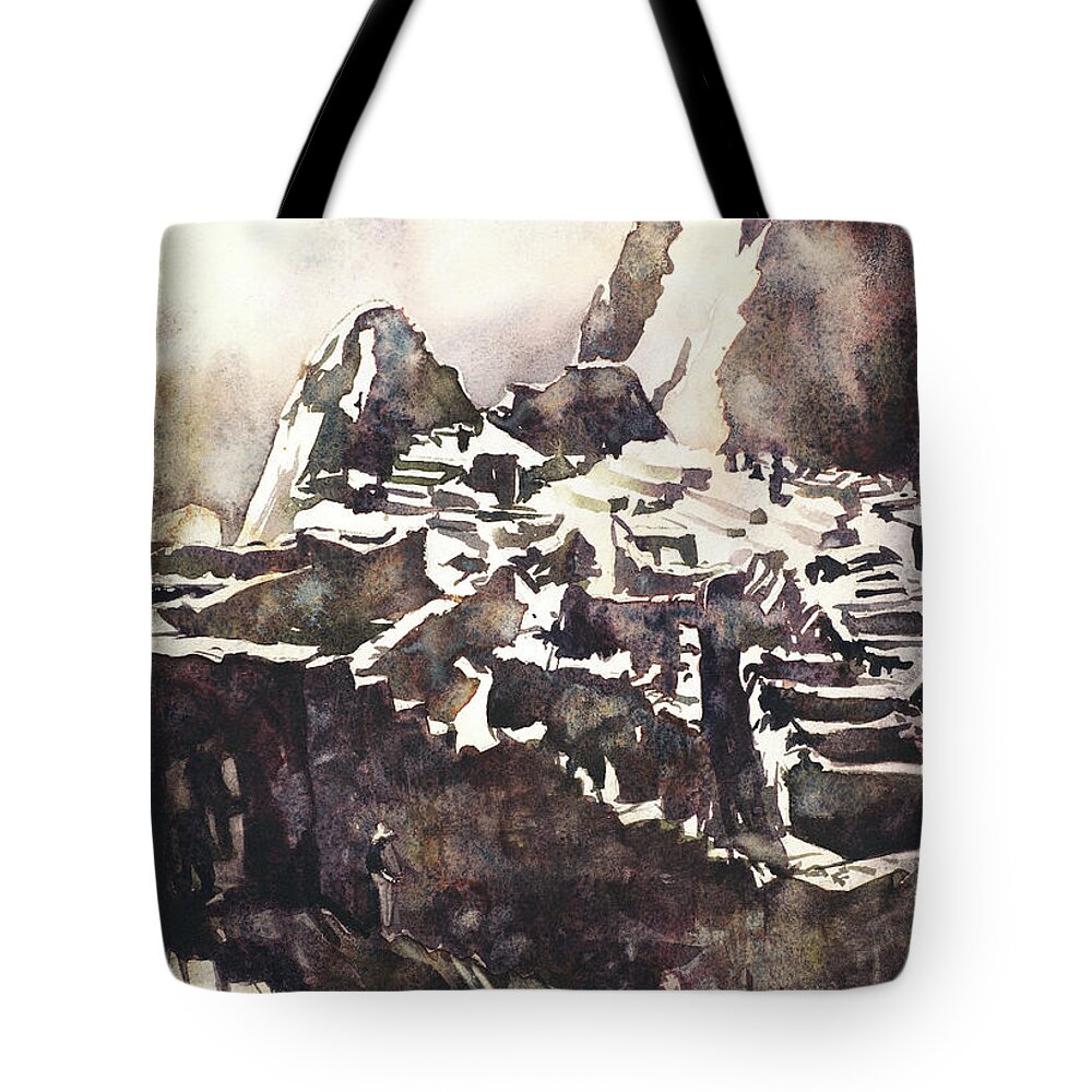Art For House Tote Bag featuring the painting Machu Picchu Incan ruins in the Sacred Valley, Peru. Machu Picc by Ryan Fox