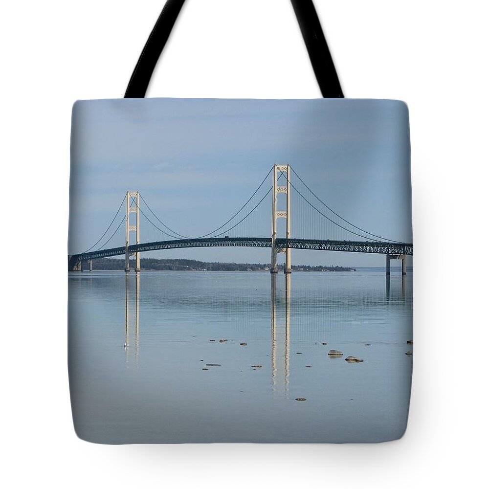 Mackinac Bridge Tote Bag featuring the photograph Mackinac Bridge Mirror by Keith Stokes