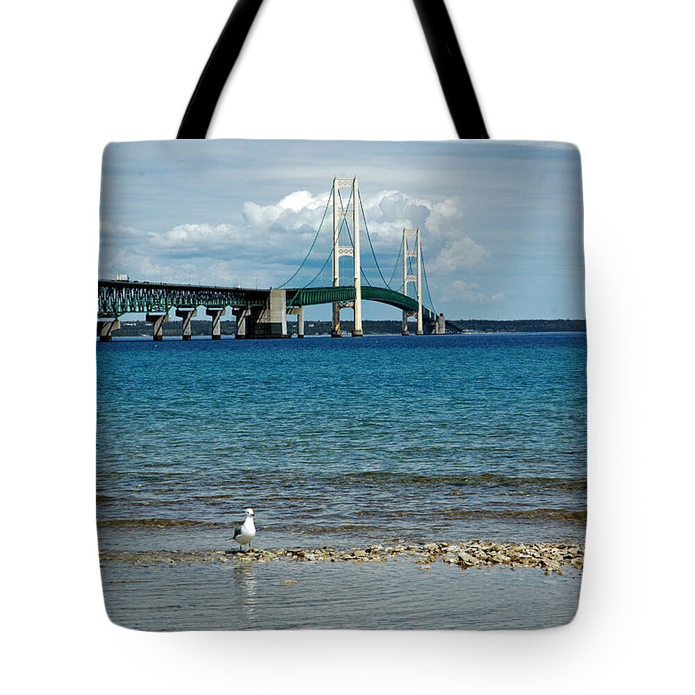 Usa Tote Bag featuring the photograph Mackinac Bridge private seagull Beach by LeeAnn McLaneGoetz McLaneGoetzStudioLLCcom