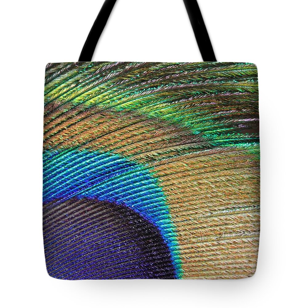 Peacock Feather Tote Bag featuring the photograph Macro Peacock Feather by Angela Murdock