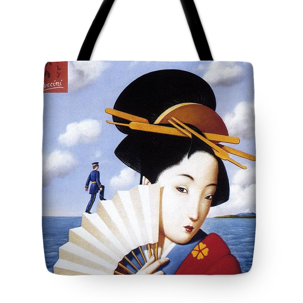 Madame Butterfly Tote Bag featuring the mixed media Madam Butterfly Puccini - Japanese Kimono - Vintage Advertising Poster by Studio Grafiikka
