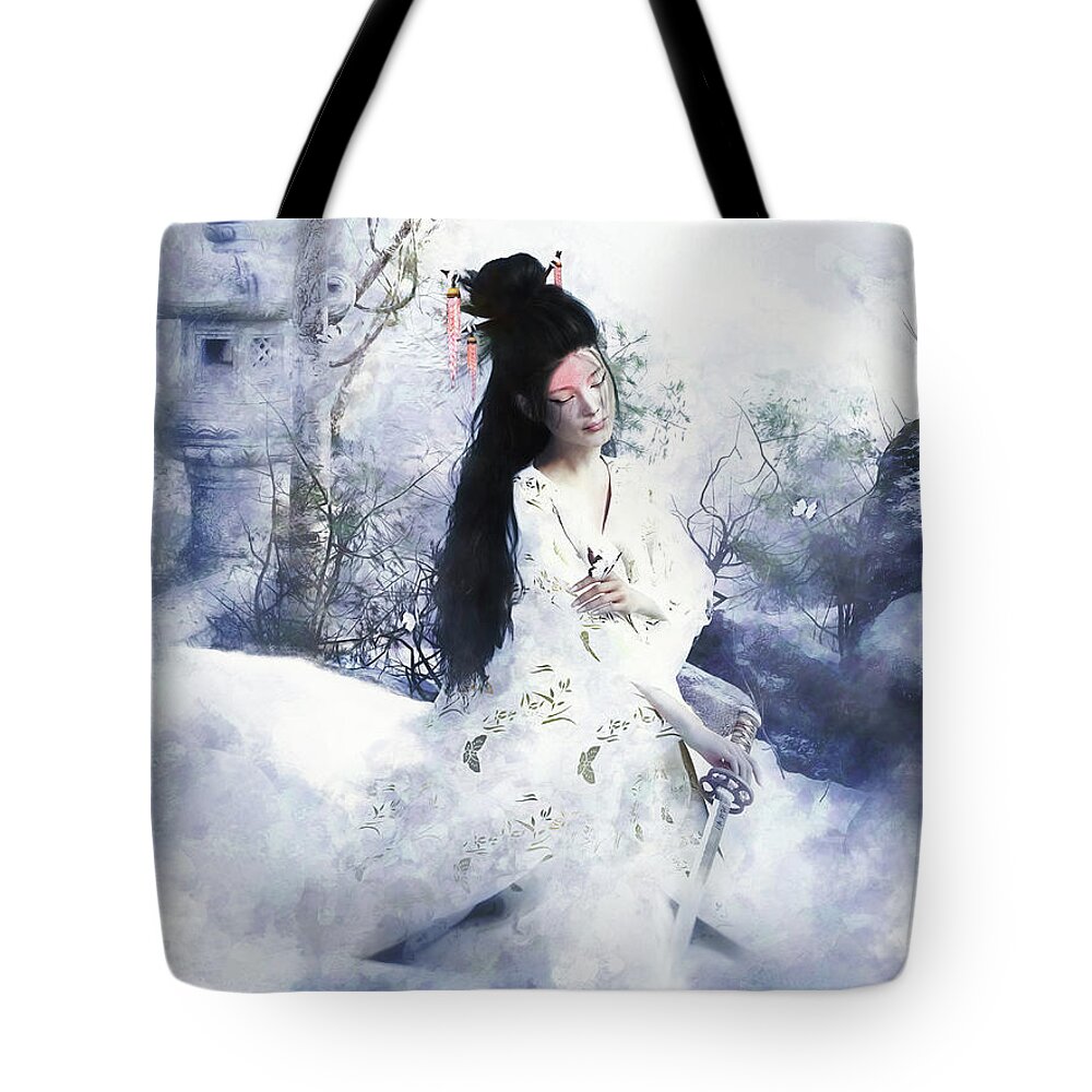 Madam Butterfly Tote Bag featuring the mixed media Madam Butterfly To Die with Honour by Shanina Conway