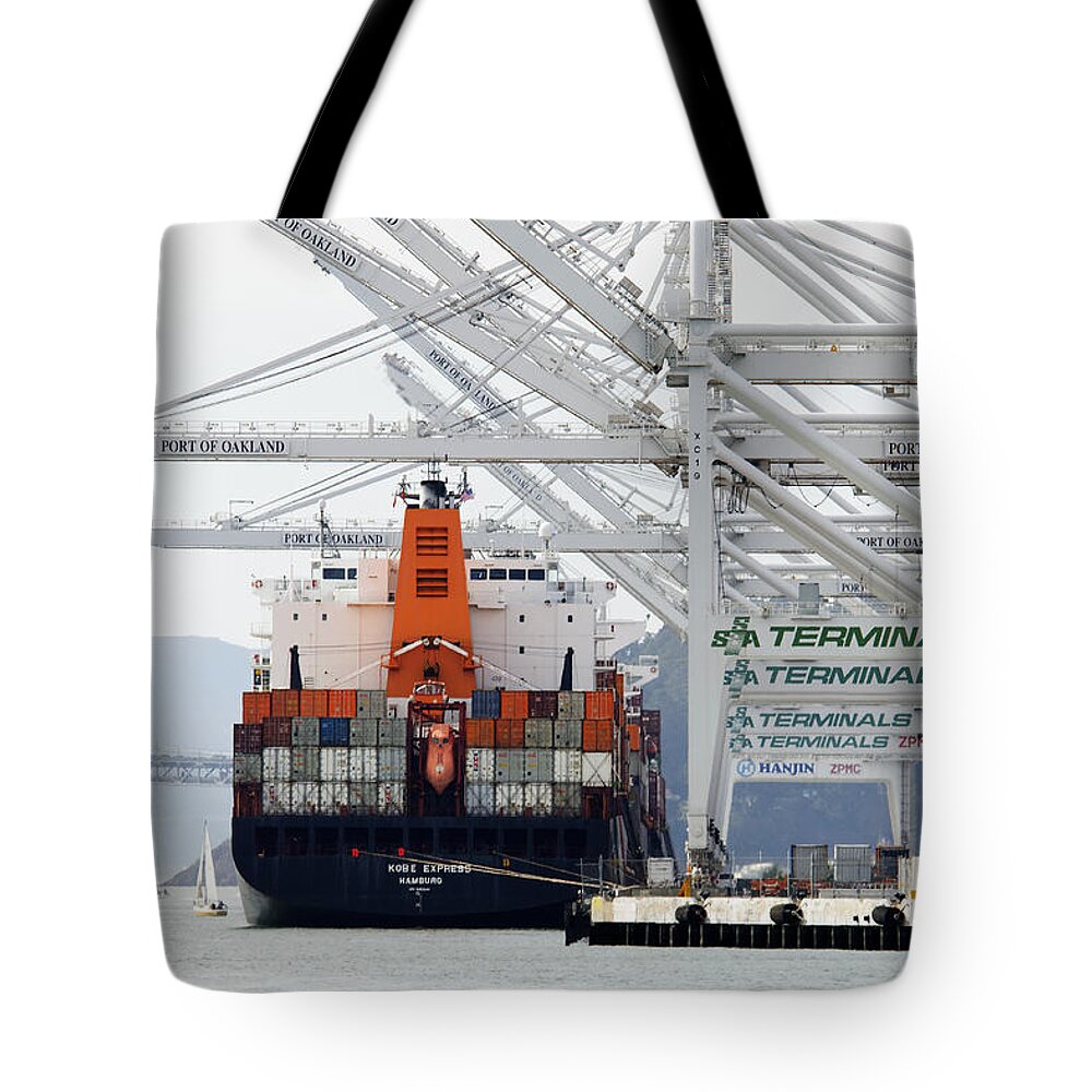 Made In China Tote Bag featuring the photograph Made in China -- Container Ship Kobe Express at Port of Oakland, California by Darin Volpe