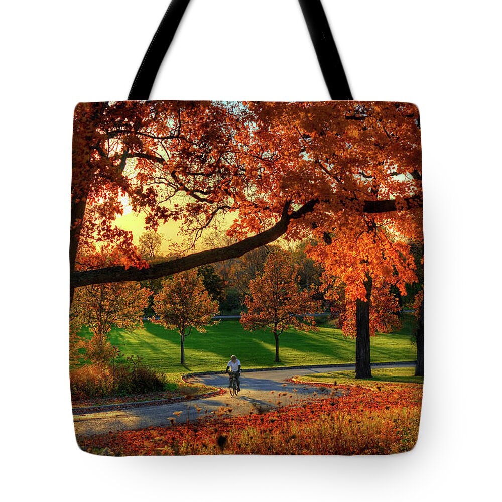 Biking Bicycle Madison Wi Wisconsin Autumn Fall Fall Colors Orange Biker Tote Bag featuring the photograph Madison, Showing Off by Peter Herman