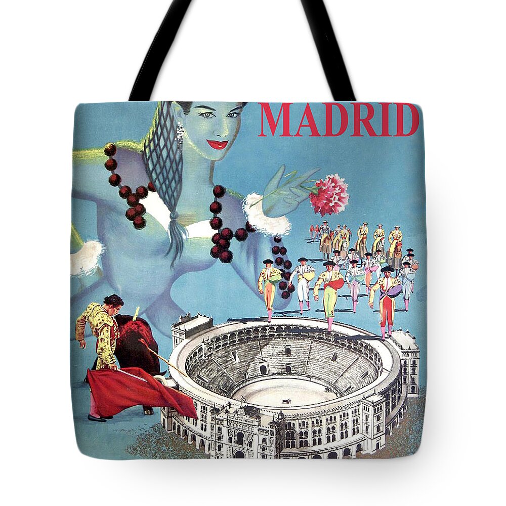 Madrid Tote Bag featuring the painting Madrid, Arena, dancing girl with flower, travel poster by Long Shot