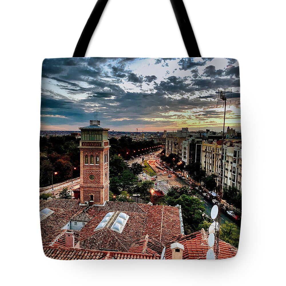 Madrid Spain Sunset City Dusk Sky Roof Tote Bag featuring the photograph Madrid Sunset by Nora Martinez