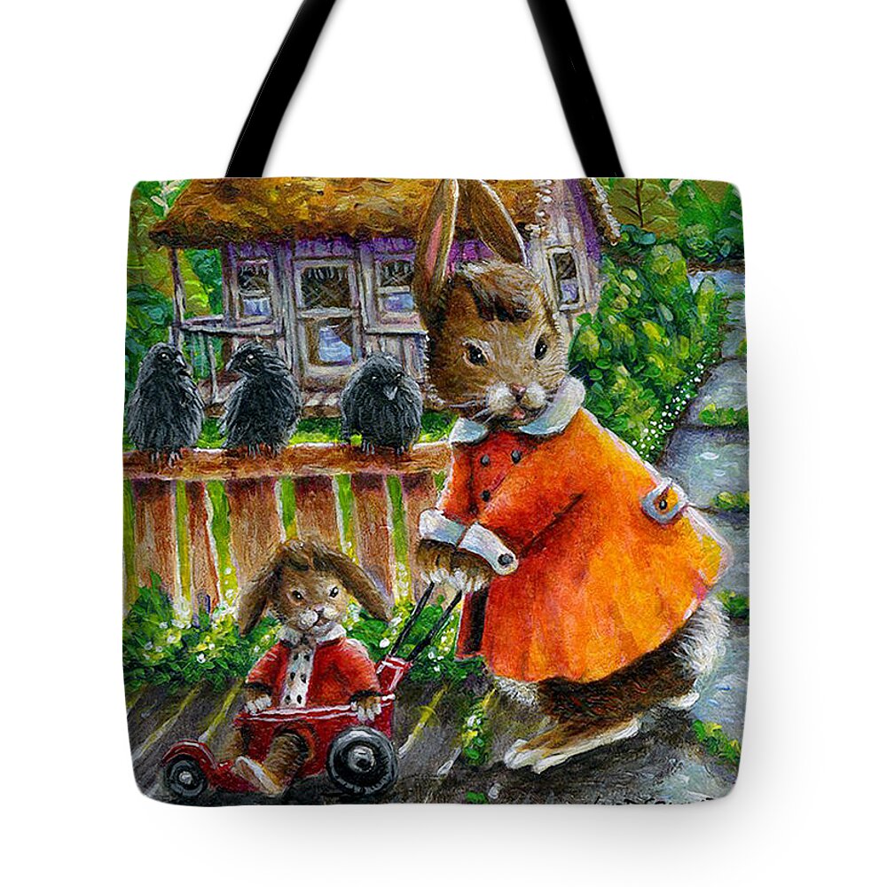 Rabbits Tote Bag featuring the painting Mae Rabbit's Stroller Time by Jacquelin L Vanderwood Westerman