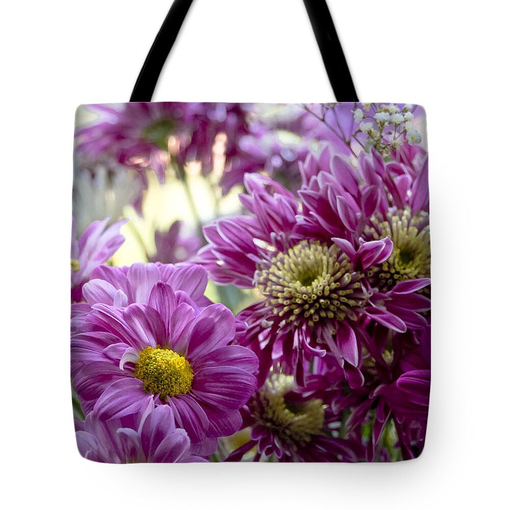 Magenta Tote Bag featuring the photograph Magenta Gerberas in daylight. by Elena Perelman