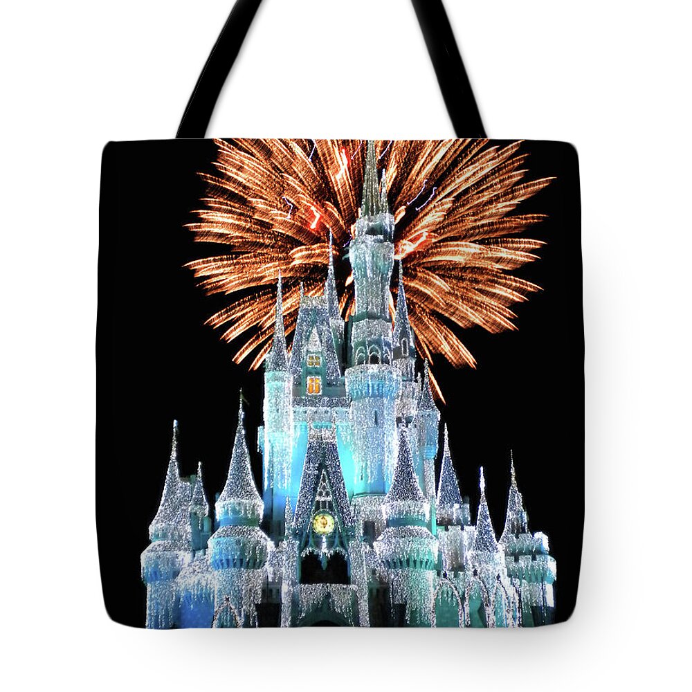 Castle Tote Bag featuring the photograph Magic Kingdom Castle In Frosty Light Blue with Fireworks 02 MP by Thomas Woolworth