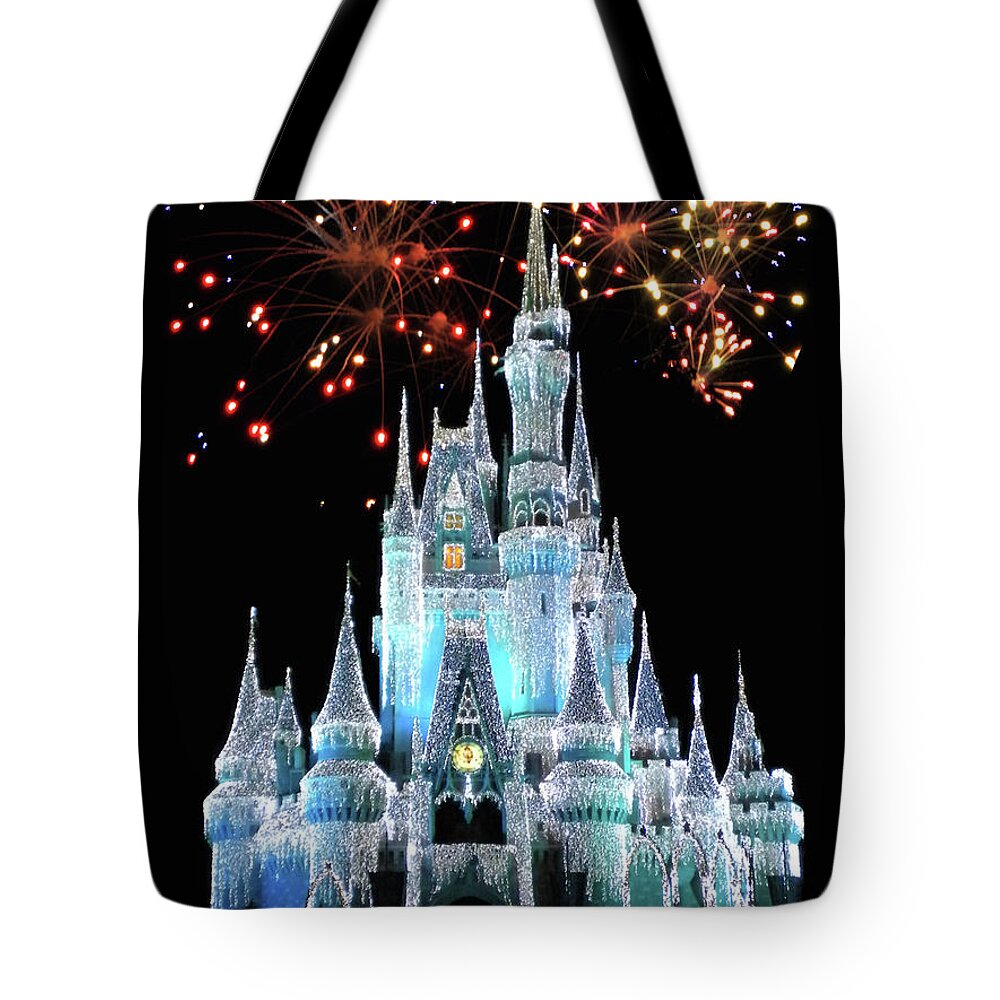 Castle Tote Bag featuring the photograph Magic Kingdom Castle In Frosty Light Blue with Fireworks 03 MP by Thomas Woolworth