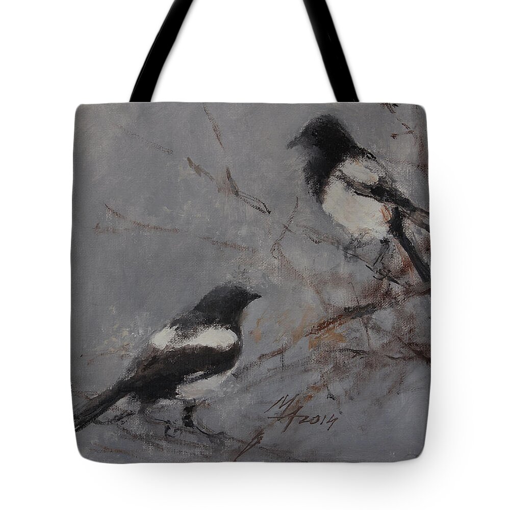 Magpie Tote Bag featuring the painting Magpies by Attila Meszlenyi