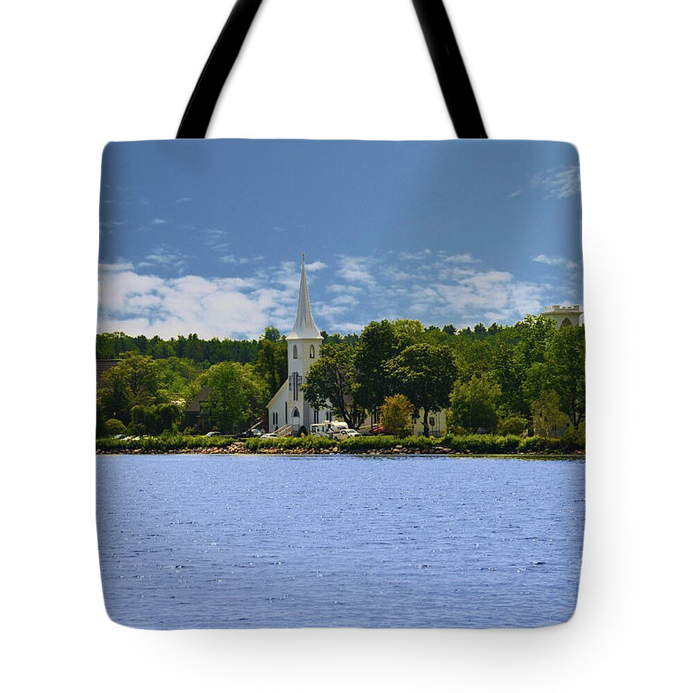 Landscape Tote Bag featuring the photograph 3 Churches in a Row , Mahone Bay Nova Scotia #3 by Elaine Manley