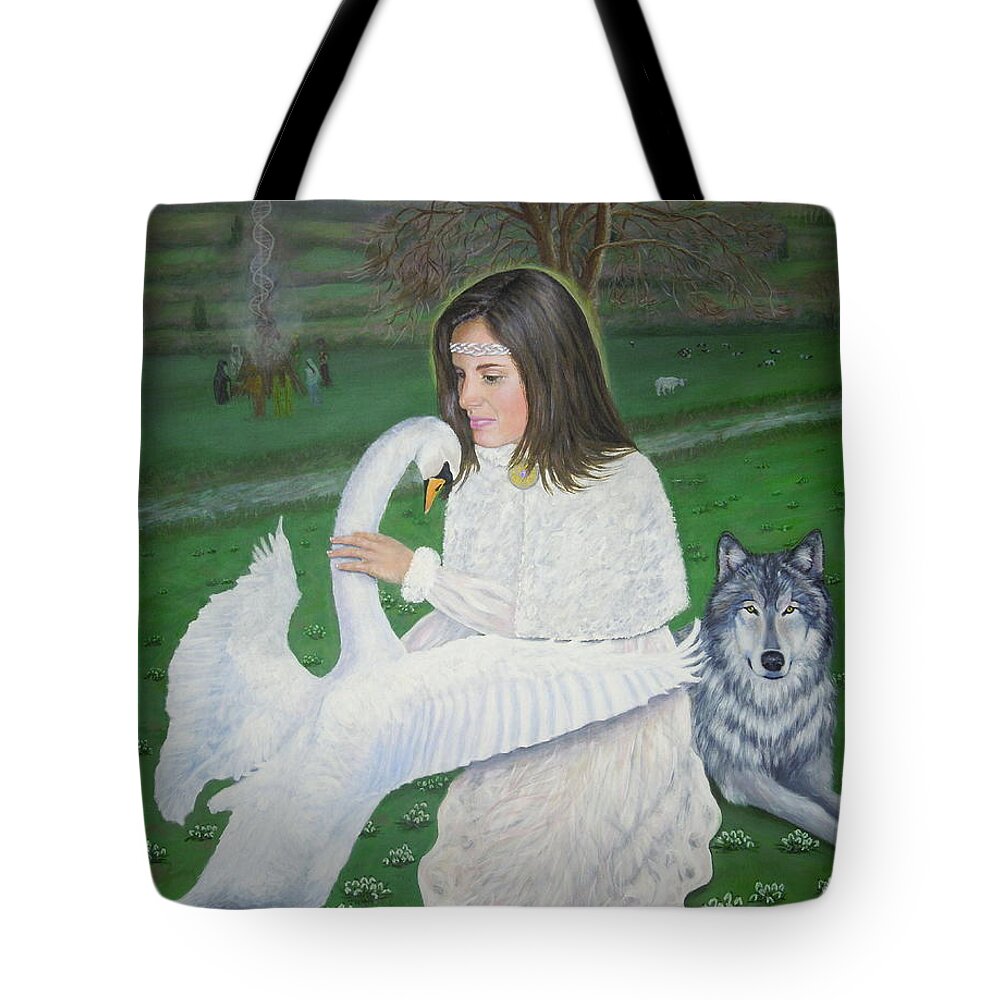 Fine Art Tote Bag featuring the painting Maiden Goddess Brigit - Imbolc by Shirley Wellstead