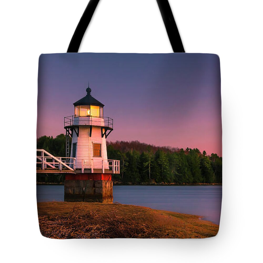 Maine Tote Bag featuring the photograph Maine Doubling Point Lighthouse in New Brunswick on Kennebeck River Sunset by Ranjay Mitra