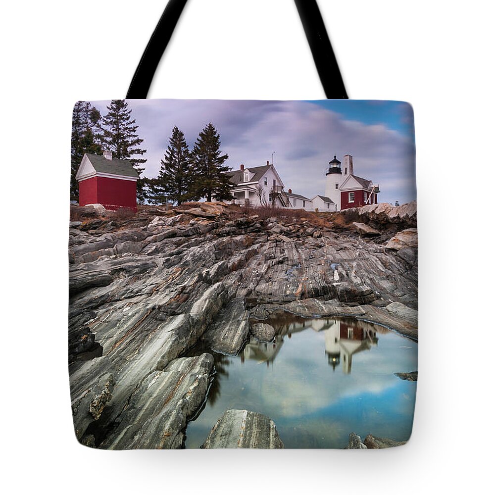 Maine Tote Bag featuring the photograph Maine Pemaquid Lighthouse Reflection by Ranjay Mitra