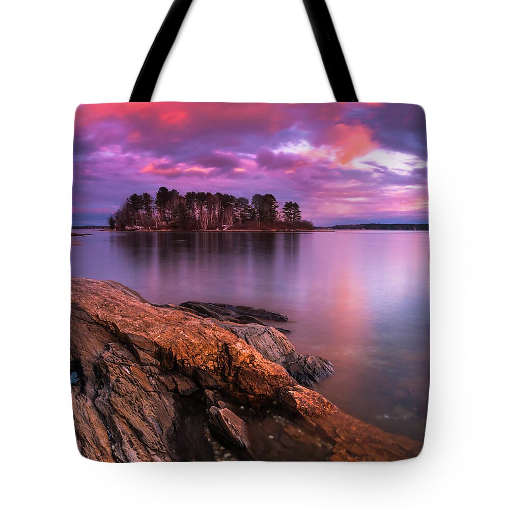 Maine Tote Bag featuring the photograph Maine Pound of Tea Island Sunset at Freeport by Ranjay Mitra
